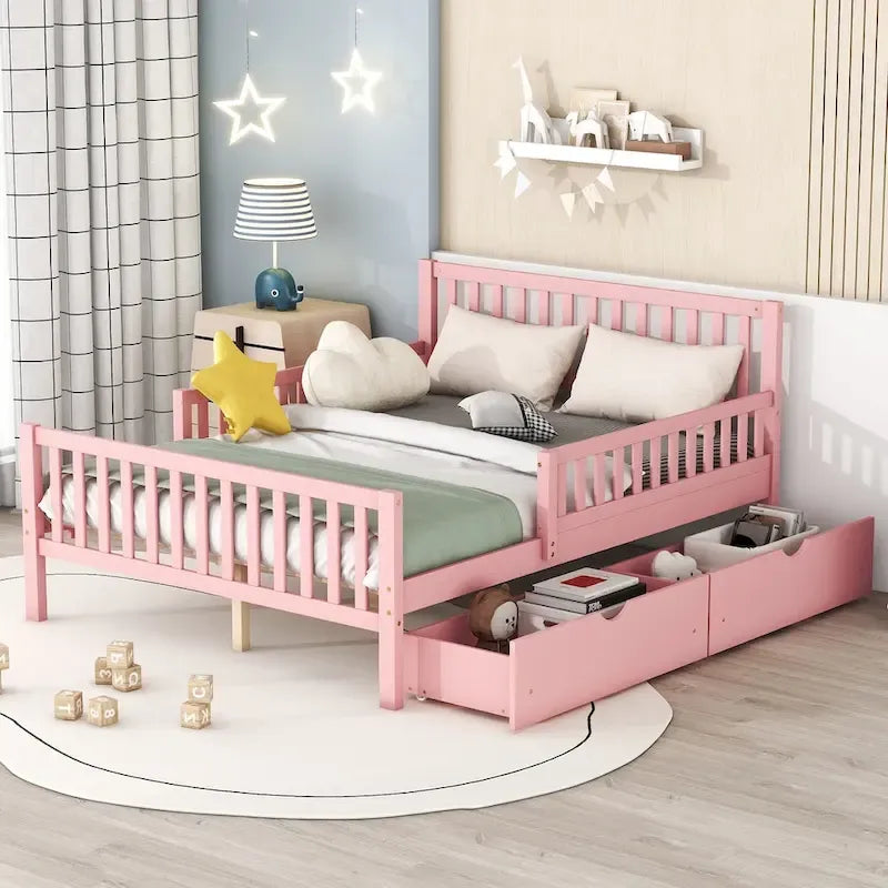 Lit plateforme grandeur nature blanc/rose avec barrières de sécurité et tiroirs de rangement — 1 personne